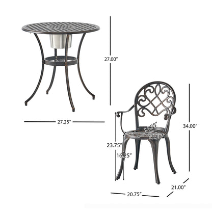 Outdoor Bistro Set Cast Aluminum Copper 3 Piece Ice Bucket Table 2 Chairs