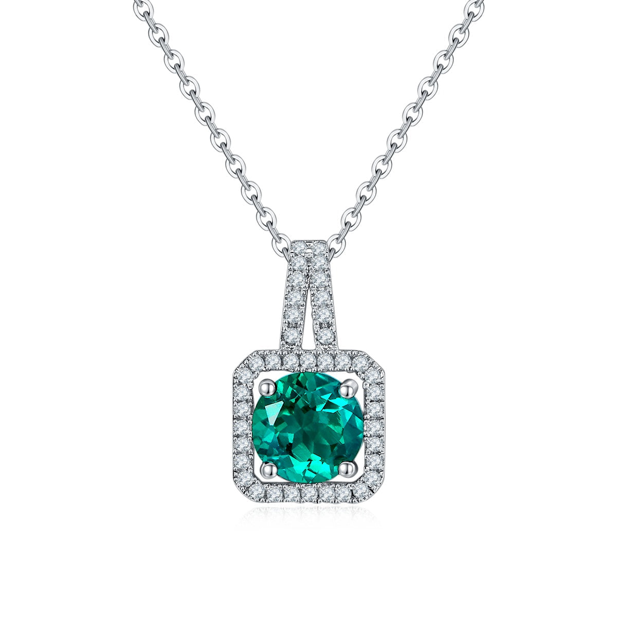 S925 Sterling Silver 2ct Lab-Grown Ruby Emerald Pendant Necklace, Platinum Plated Square Halo With Split Pave Bail, Women's Fine Jewelry Gift Box