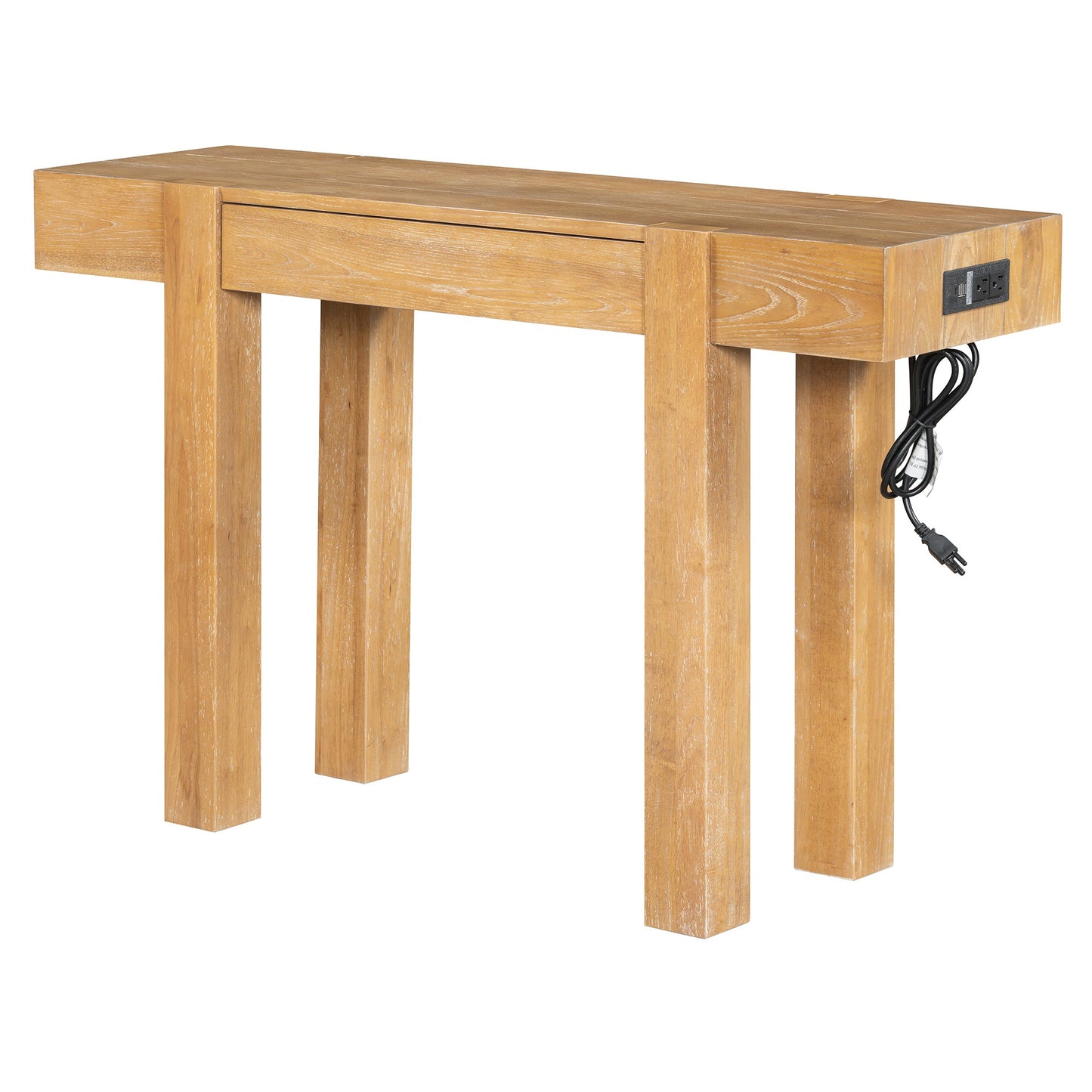Rustic Console Table, Hidden Drawer, Side Power Outlet, Entryway Table, Natural