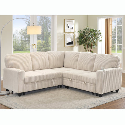 Sofa Bed L-Shape Corduroy Beige 5 Seat Pull-Out USB Ports 81 In