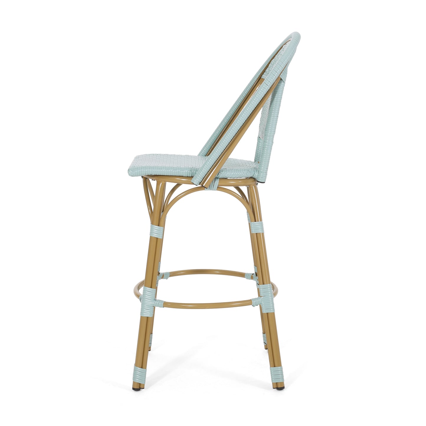 29.5 Inch Outdoor PE Rattan Aluminum French Barstools, Set of 2, Light Teal