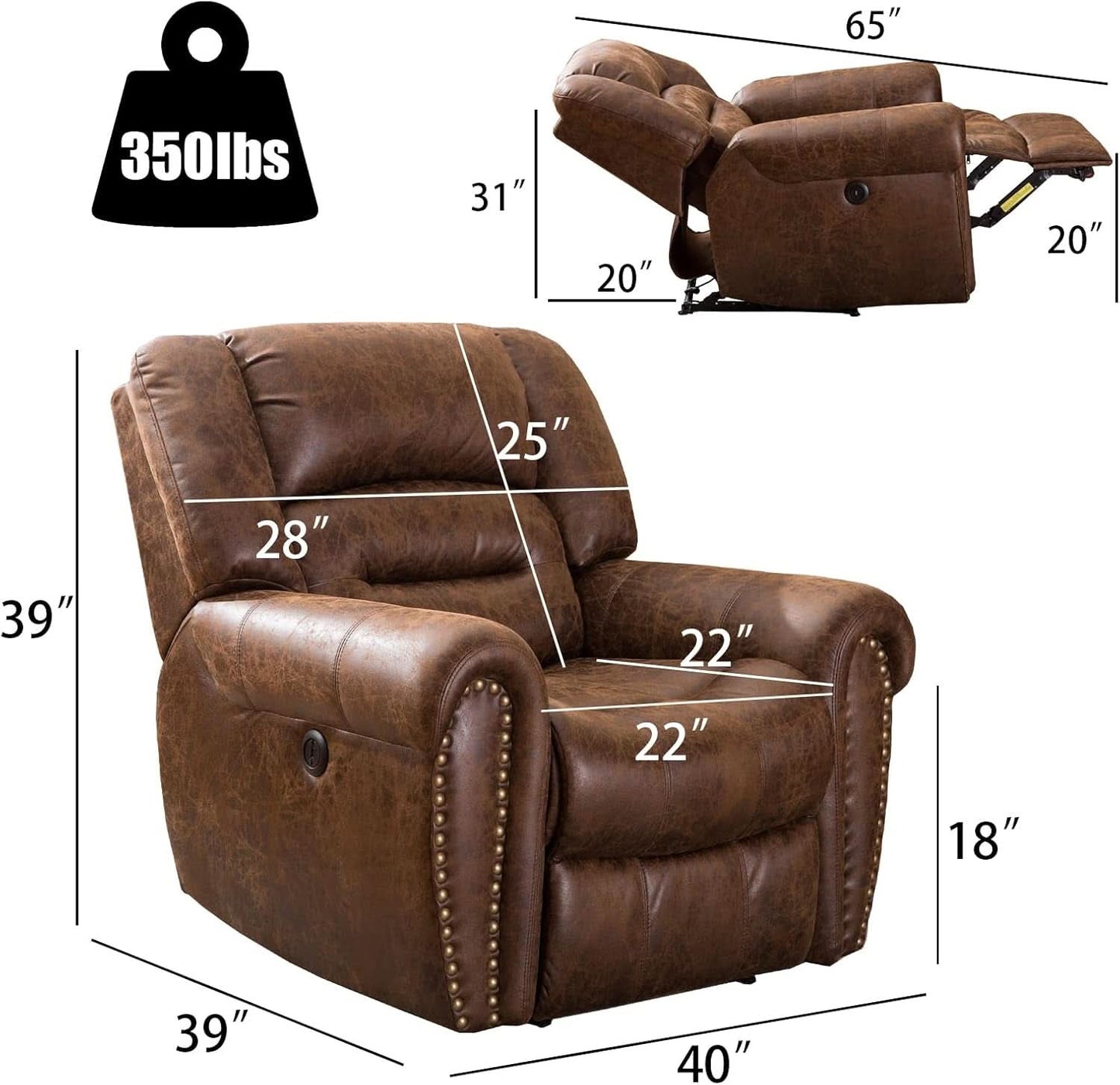 Electric Power Recliner Pair Nut Brown Leather With USB Port