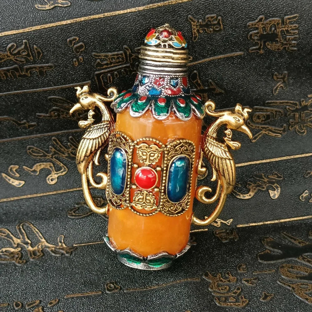 Exquisite Chinese Handmade Double Phoenix Copper Snuff Bottle with Gift Box