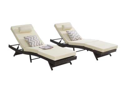 Outdoor Reclining Lounge Chair Wicker Khaki Set of 2 150 Degree 600 LB