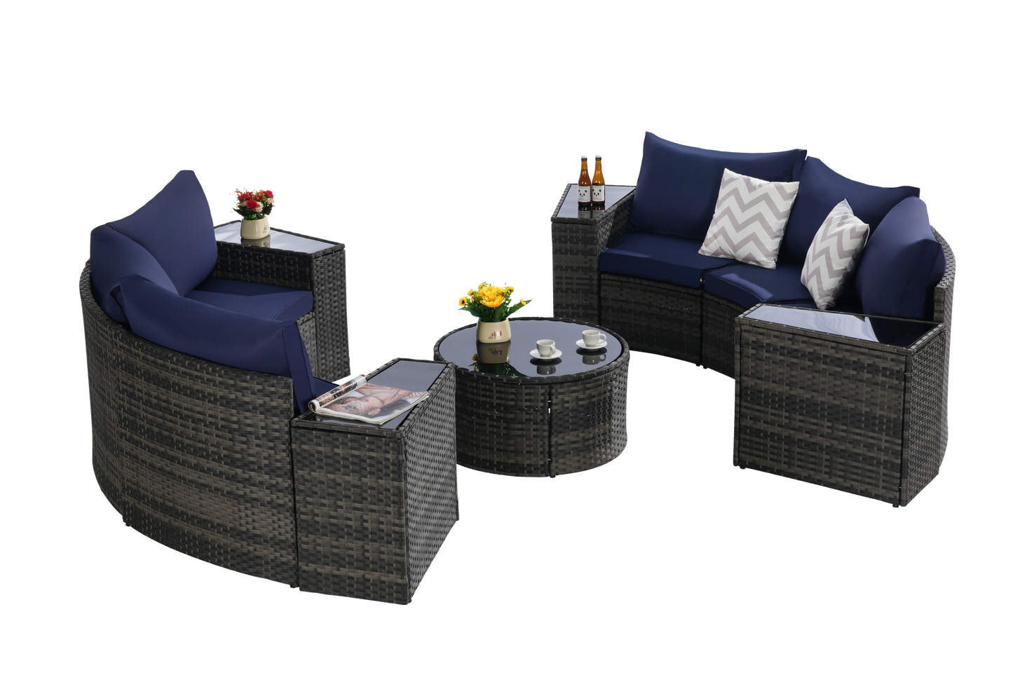 Outdoor Sectional Set PE Rattan Dark Blue Half Moon 11 Piece