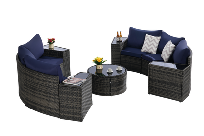 Outdoor Sectional Set PE Rattan Dark Blue Half Moon 11 Piece