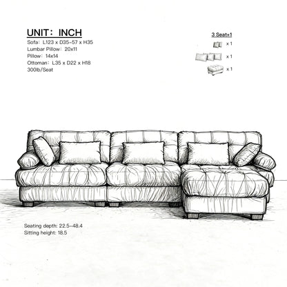 Sectional Sofa L-Shape Flannelette Beige 4 Seat Ottoman 123 In Deep Seat