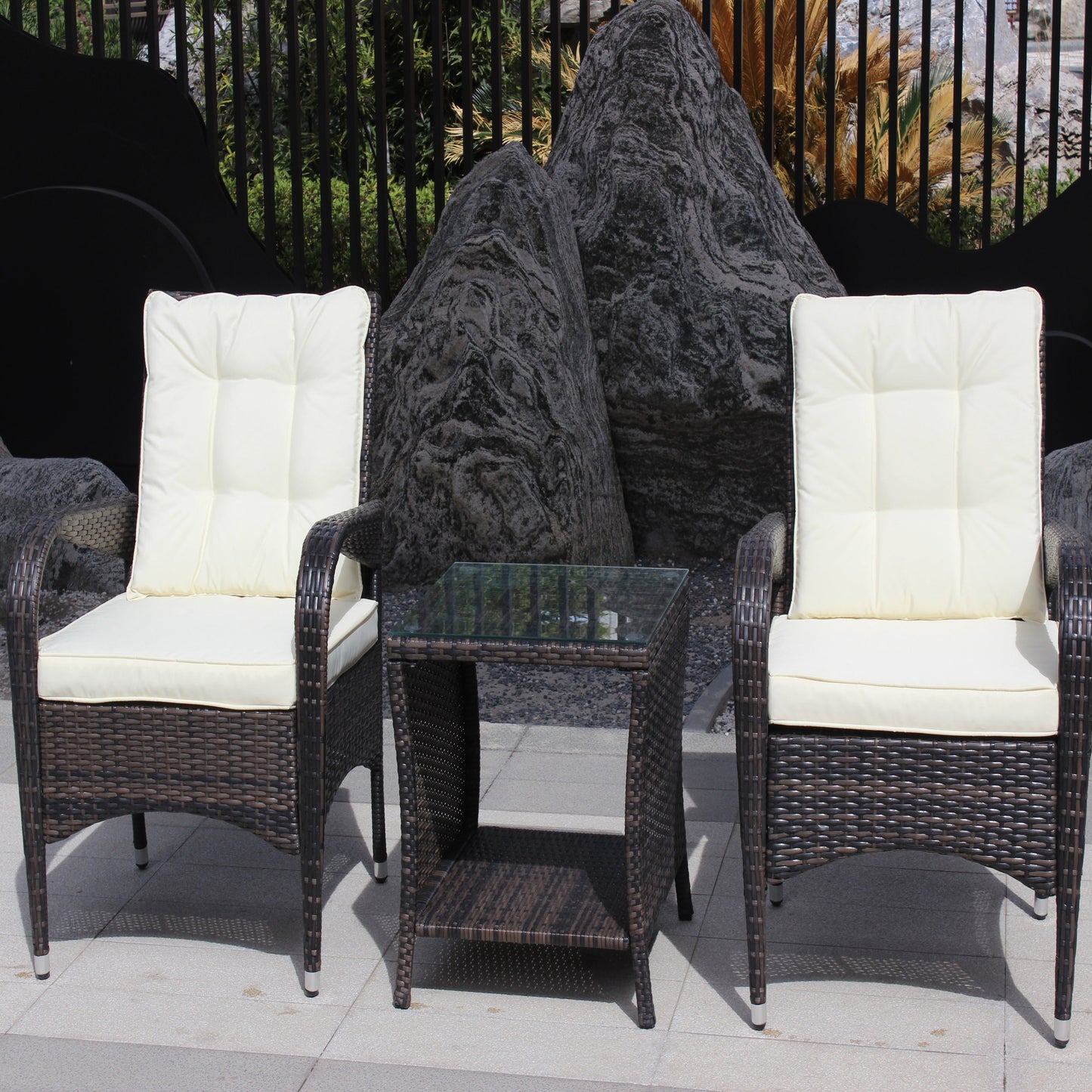 Outdoor Conversation Set PE Rattan Steel Brown Beige Cushion 3 Piece