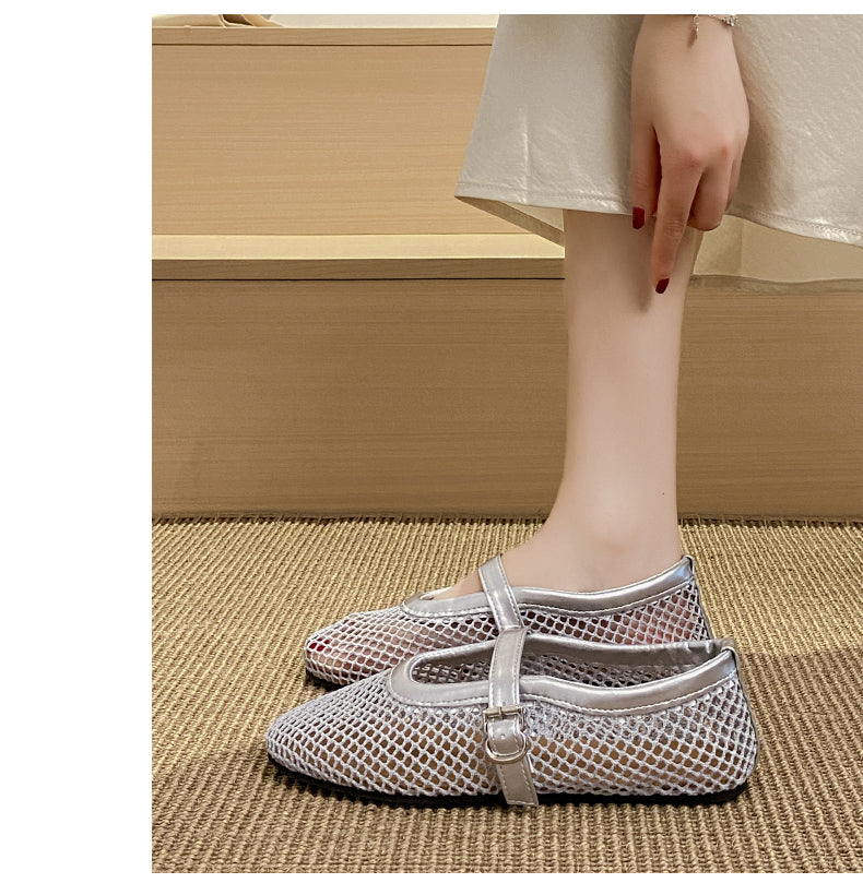 Women Flat Single Shoes, 2026 Summer New Hollow Mesh Breathable Sandals, Soft Sole Fishnet French Mary Janes