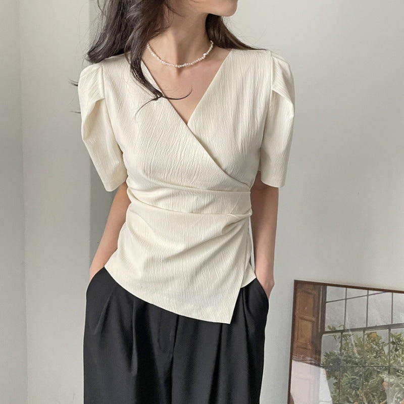 Womens Solid-Color French-Style Chic Asymmetrical Cross V-Neck Short-Sleeve Top