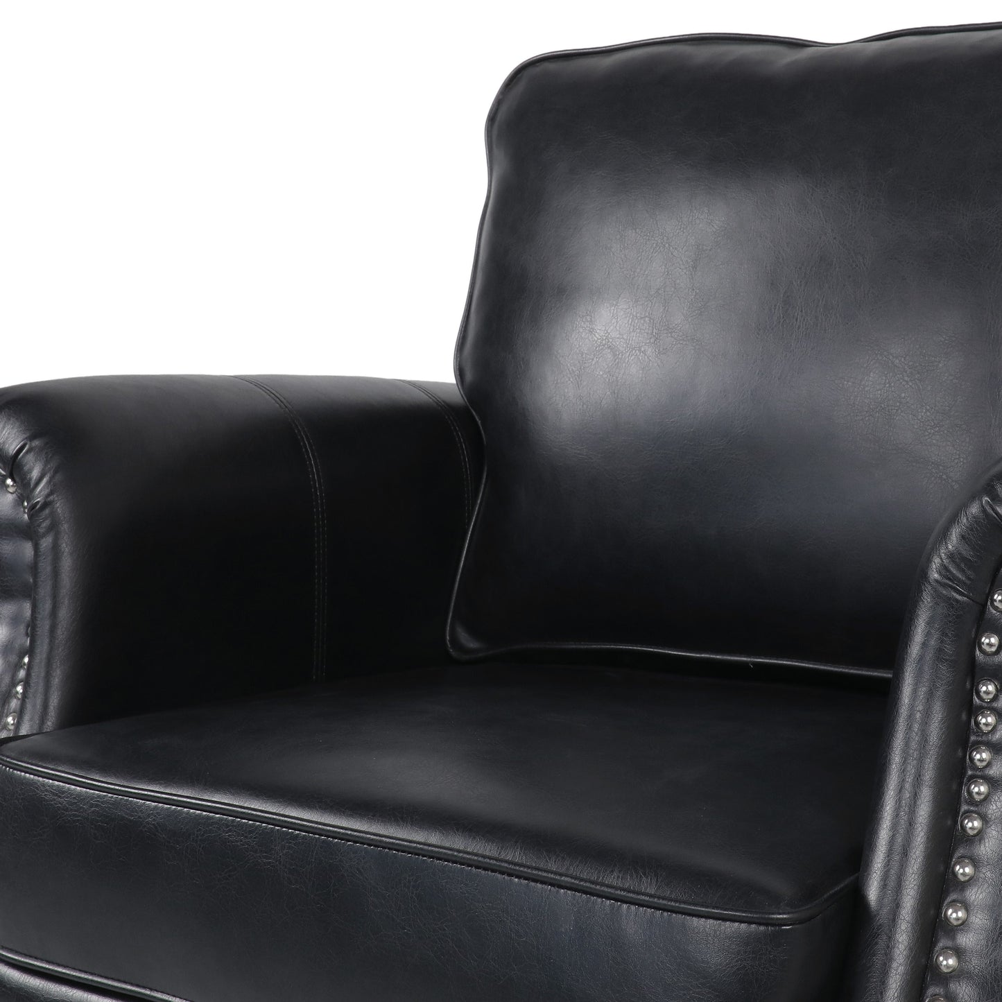 Club Chair Contemporary PU Leather Black Rolled Arms Nailhead Trim 37 In
