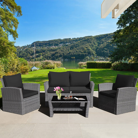 4 Pieces Patio Rattan Furniture Set Sofa Table with Storage Shelf Cushion