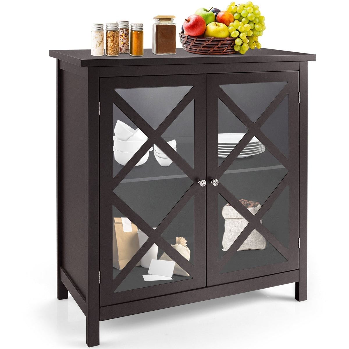 Freestanding Kitchen Buffet Cabinet with Glass Doors and Adjustable Shelf