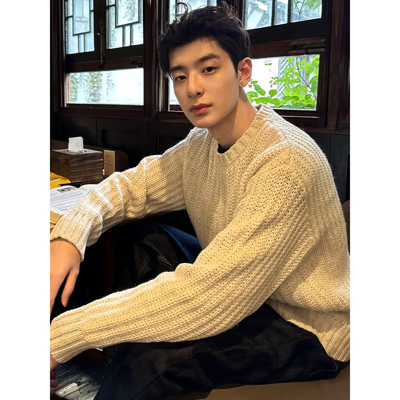 Mens Long-Sleeve T-Shirt American-Style Retro Heavy-Weight Knitted Hooded Sweater