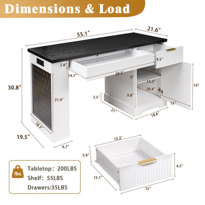 55' Modern Fluted Office Desk with Storage Cabinet and Drawers, Computer Writ...