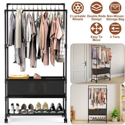 Double Rod Garment Rack – Adjustable, Portable with Shelves & Wheels