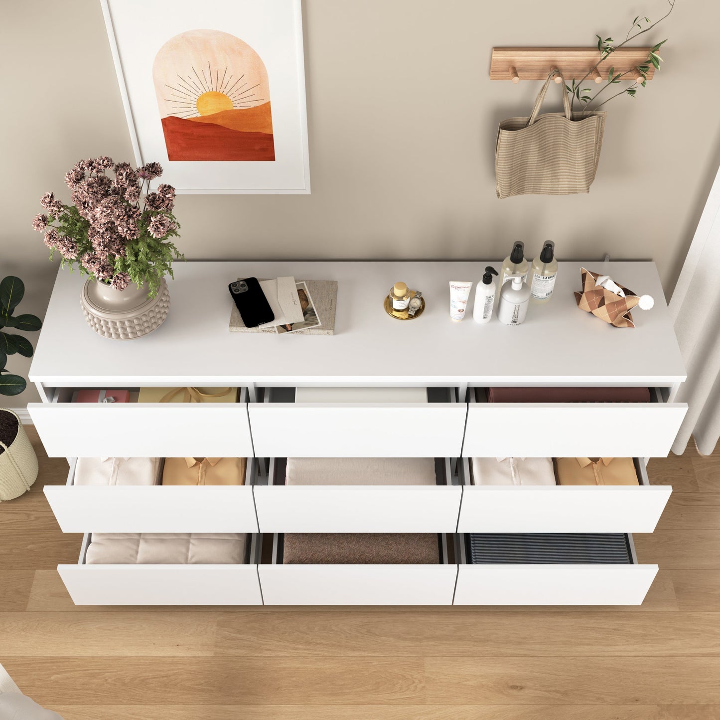Dresser Modern 9-Drawer White Particle Board Handleless 63x15.74x29.5 In