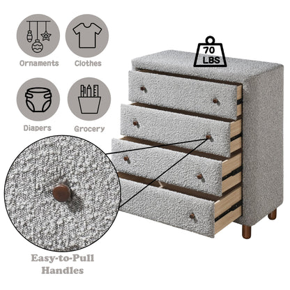Chest of Drawers Gray Boucle Fabric 4-Drawer Rubber Wood MDF 33x38 In