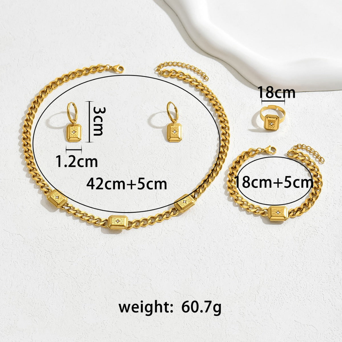 Ins Vintage Court Style Jewelry Set, Geometric Cubic Zirconia Inlaid Bracelet, Ring, Earrings & Versatile Niche Long Necklace For Women