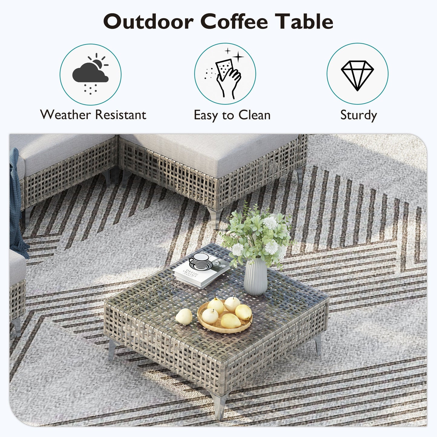 Outdoor Patio Set with Fire Pit Table Rattan Gray 8 Piece 60000 BTU