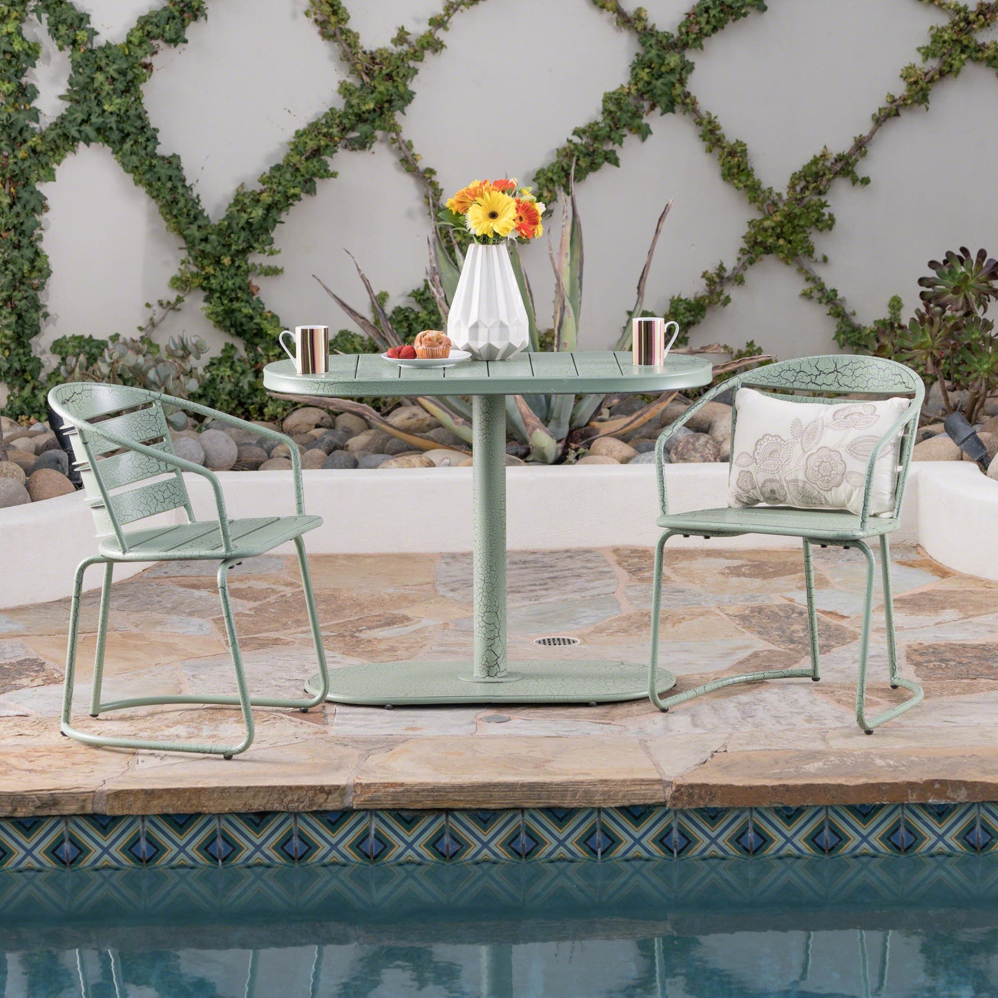 Outdoor Bistro Set Iron Green 3 Piece Oval Table 2 Chairs Matte Finish