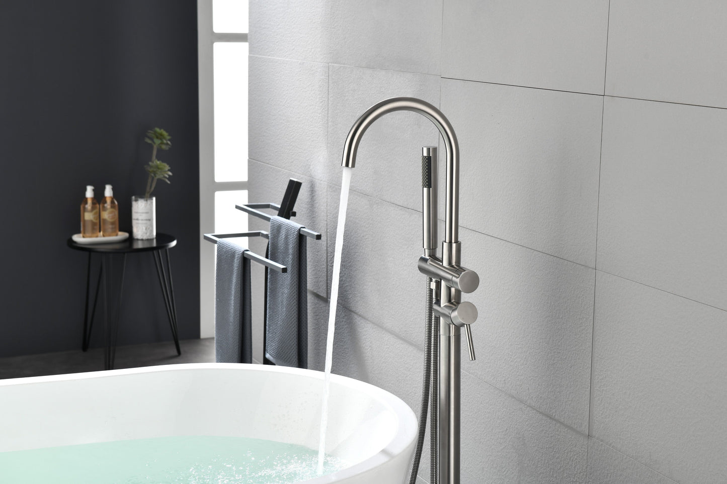 Floor Mounted Tub Faucet High Flow Freestanding Tub Filler with Handheld Shower Swivel