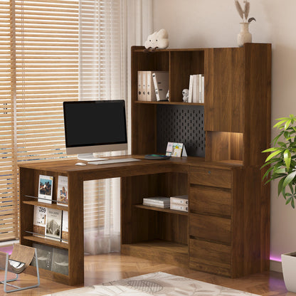 L Shaped Desk with Charger,Computer Desk with Drawers,Bookshelf, with LED Lig...