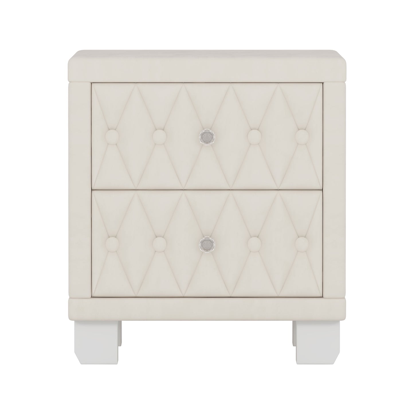 Velvet Nightstand with 2 Drawers, Crystal Handle, Button-Tufted, Beige