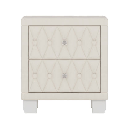 Velvet Nightstand with 2 Drawers, Crystal Handle, Button-Tufted, Beige