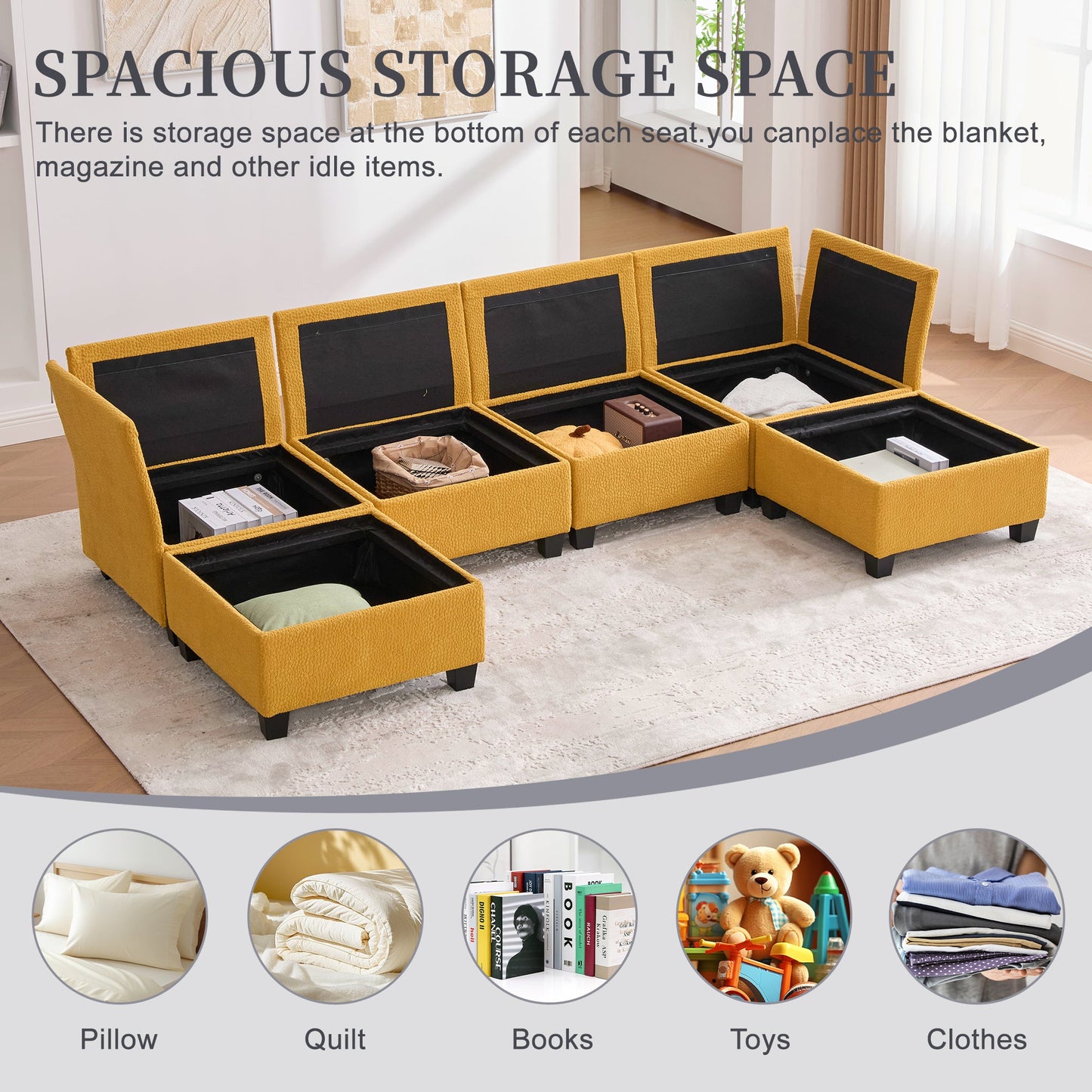Sectional Sofa U-Shape 6 Seat Mustard Yellow Storage Ottoman