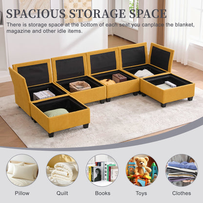 Sectional Sofa U-Shape 6 Seat Mustard Yellow Storage Ottoman