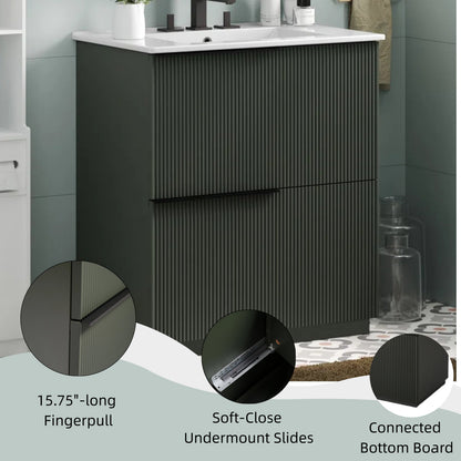 Green Fluted Bathroom Vanity with Ceramic Sink, 30' Full-Extension Drawers, S...