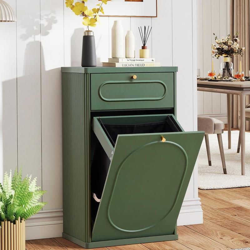 Giratree Tilt Out Trash Can Cabinet, Wood Kitchen Garbage Bin with Drawer, Fluted 10 Gallon Laundry Hamper Cabinet, Farmhouse Hidden Trash Can for Kitchen, Living Room