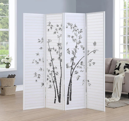 4-Panel Room Divider with Bamboo Print, 72W x 71H, Sturdy Mortise & Tenon, White