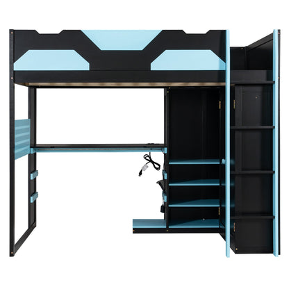 Full Size Wood Loft Bed with Desk, Multi-storage Shelves, USB and RGB Light