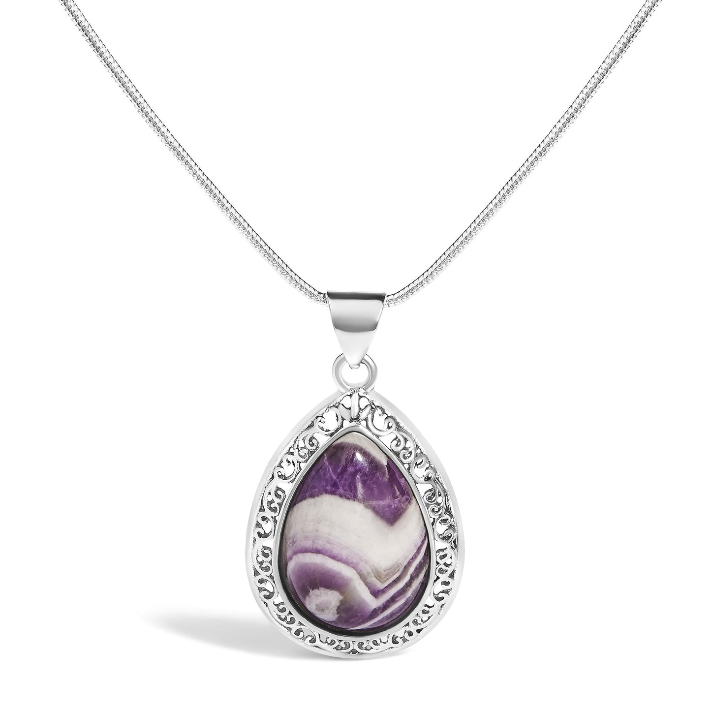 Chevron Amethyst Teardrop Pendant Necklace in Sterling Silver – Natural Gemstone