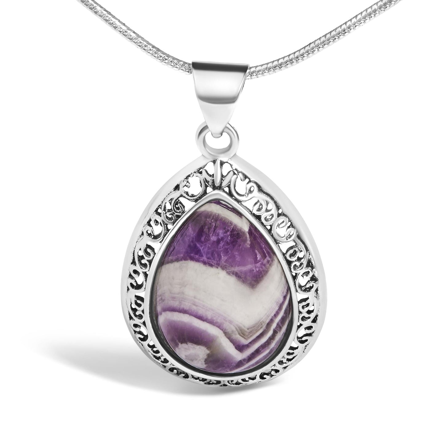 Chevron Amethyst Teardrop Pendant Necklace in Sterling Silver – Natural Gemstone
