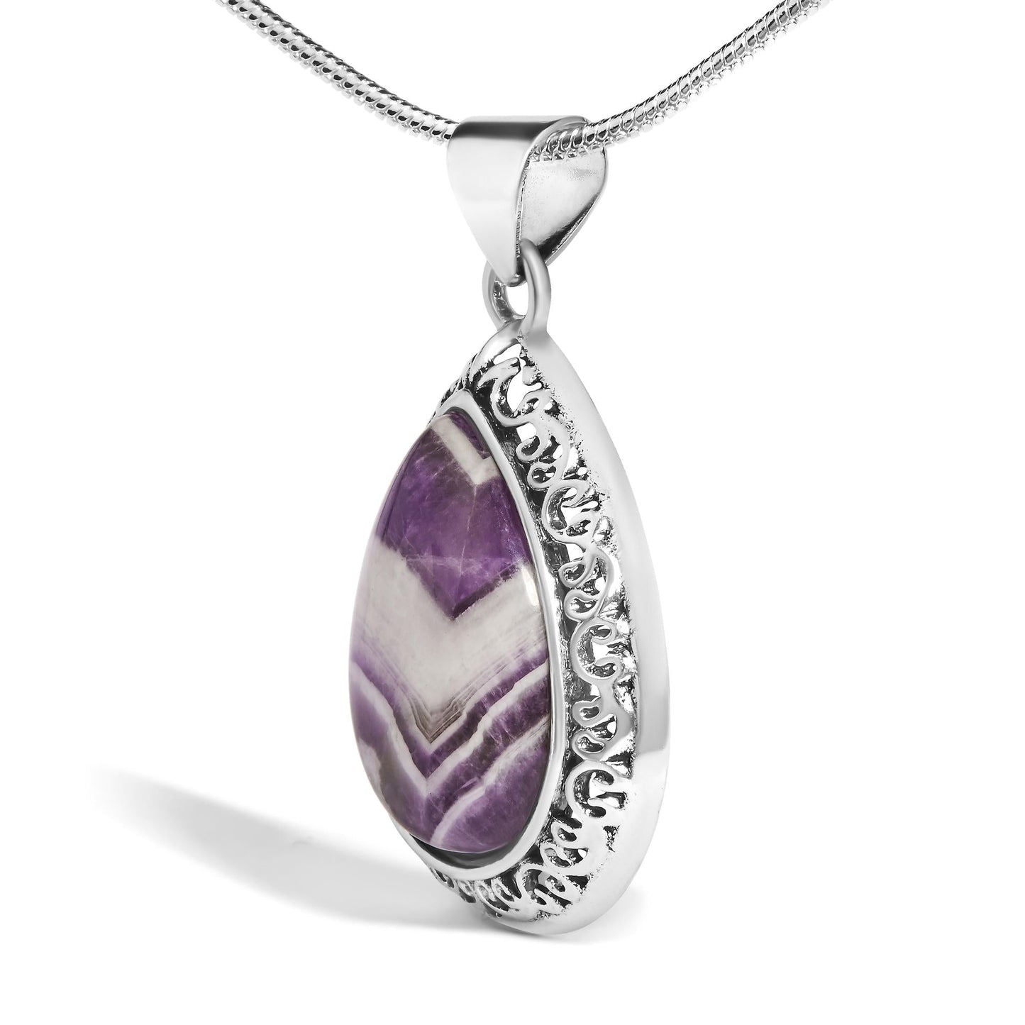 Chevron Amethyst Teardrop Pendant Necklace in Sterling Silver – Natural Gemstone