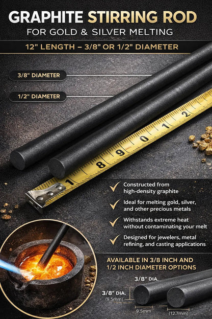 12" Graphite Stirring Rod – Gold, Silver & Precious Metal Melting – 3/8" or 1/2"