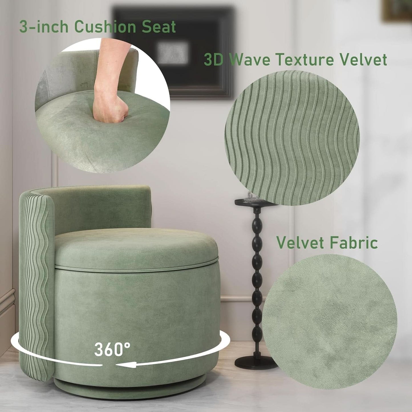 Emerald Velvet Vanity Ottoman With 360DegreeSwivel