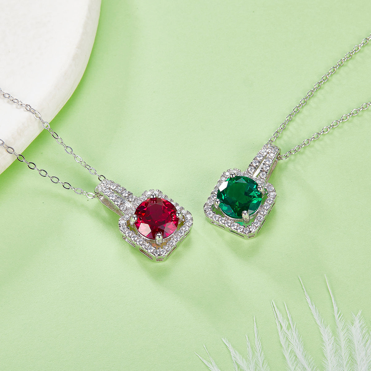 S925 Sterling Silver 2ct Lab-Grown Ruby Emerald Pendant Necklace, Platinum Plated Square Halo With Split Pave Bail, Women's Fine Jewelry Gift Box