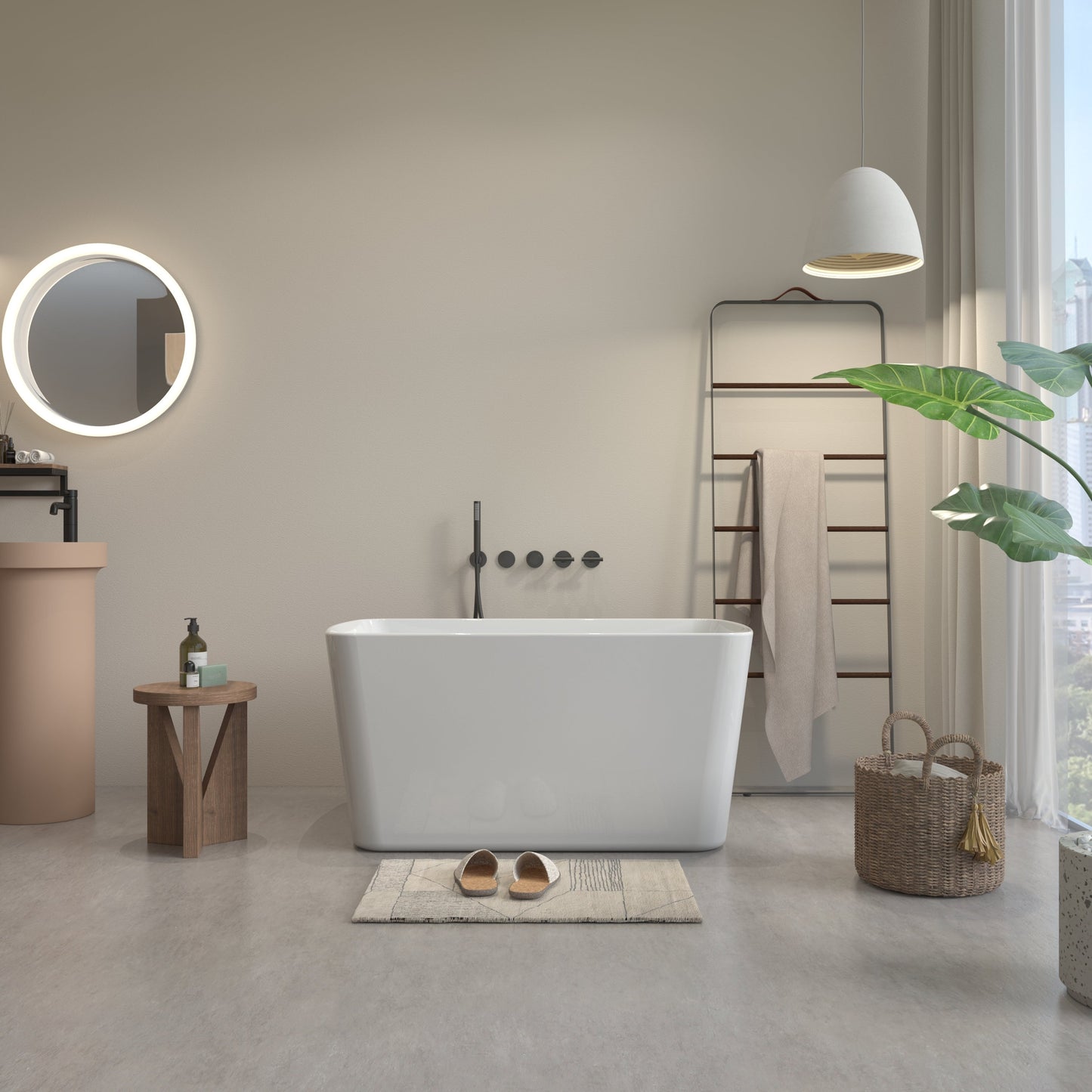 49in Acrylic Freestanding Soaking Bathtub, Square Japanese Sit-In, Chrome Drain