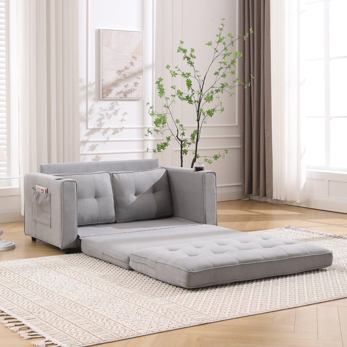 3-in-1 Sofa Bed Futon Tufted Pull-Out Sleeper 55" Light Gray