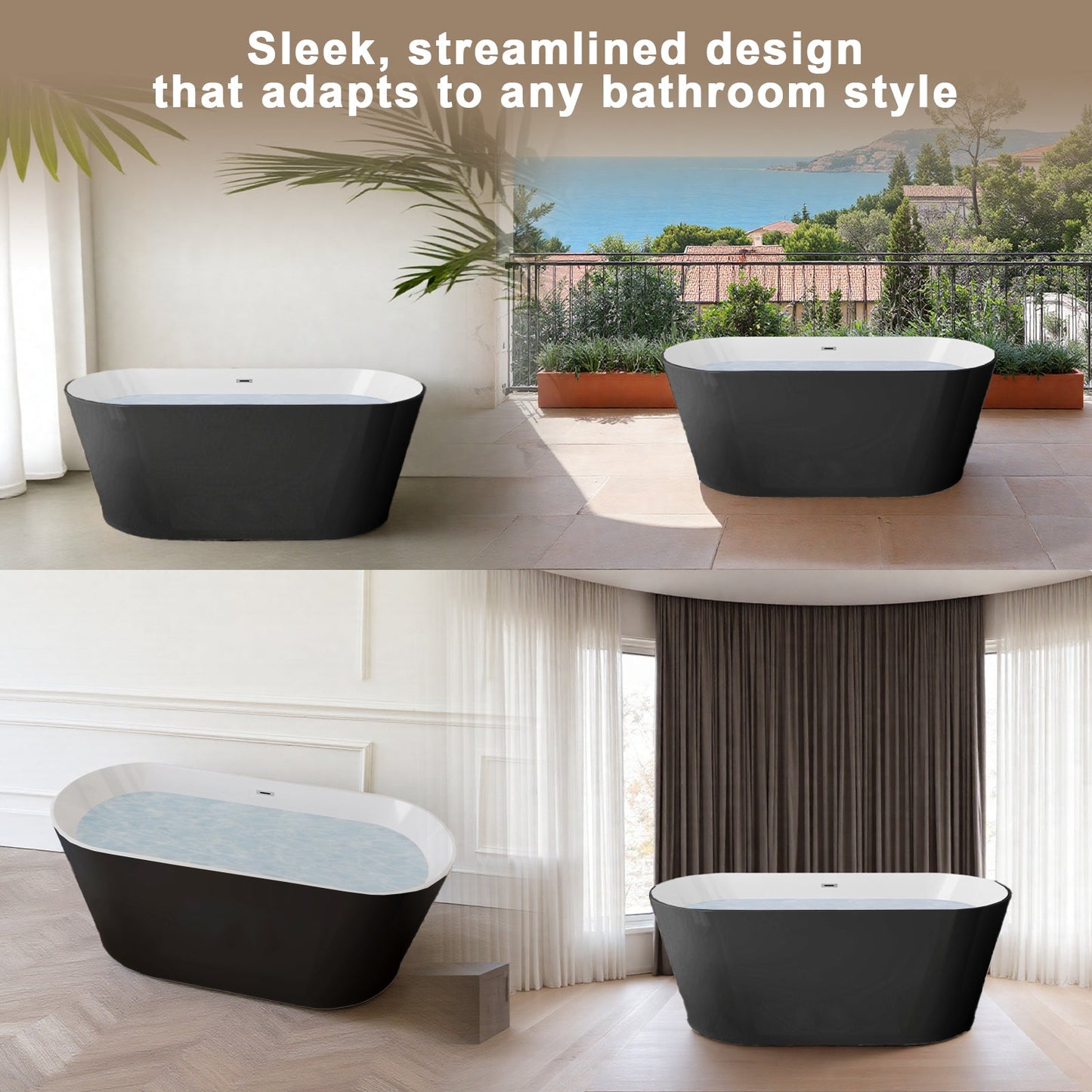 59in Glossy Black Acrylic Freestanding Soaking Tub with Chrome Drain, cUPC