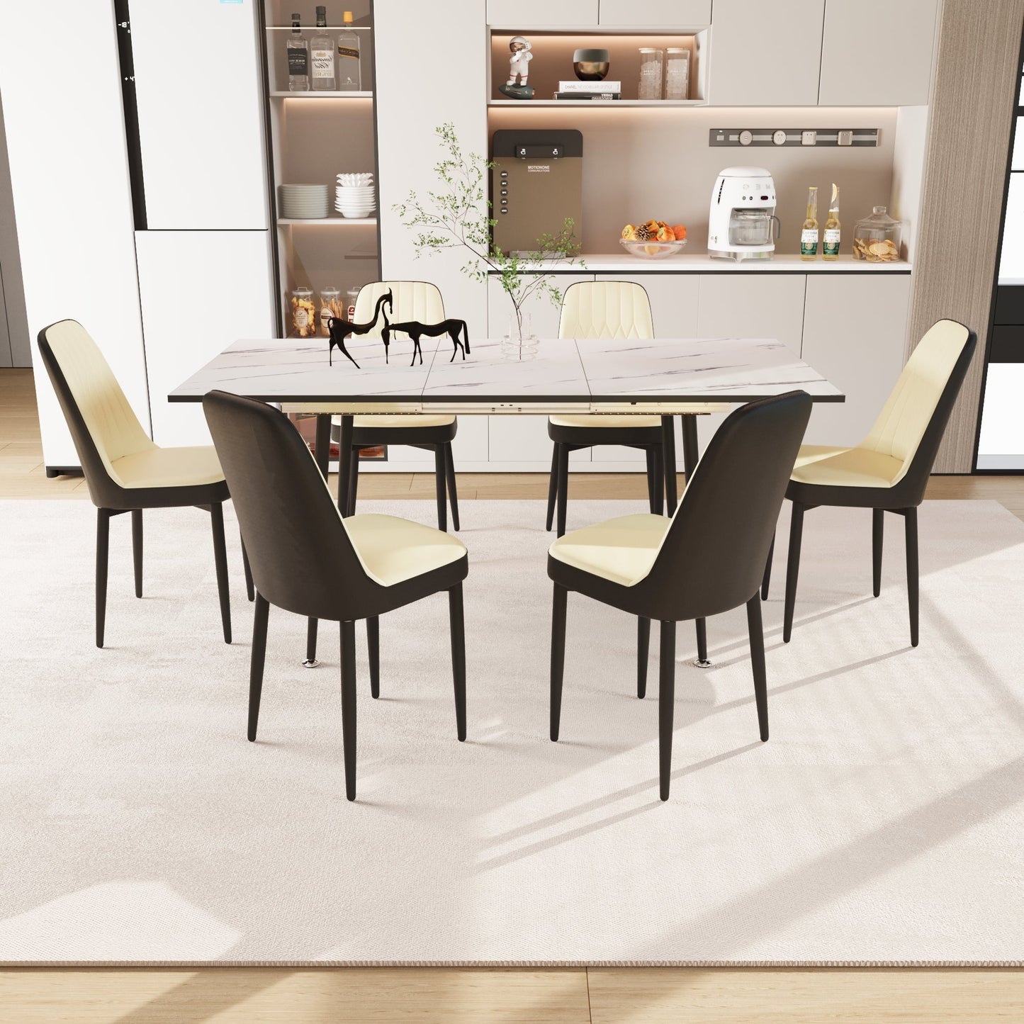 47'-63' expandable dining table set for 2-6 people, equipped with PU fabric