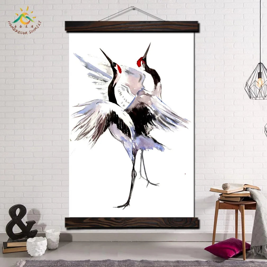 Two Dancing Cranes Artwork – Modern Canvas & Scroll Wall Art