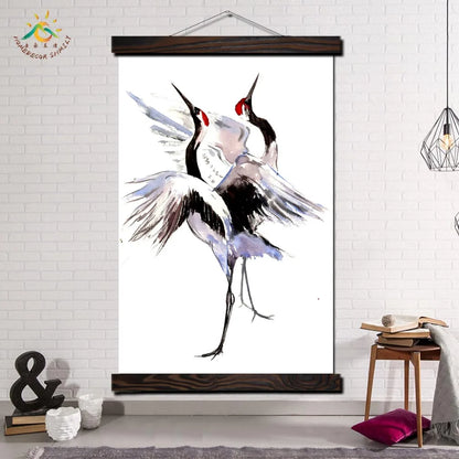 Two Dancing Cranes Artwork – Modern Canvas & Scroll Wall Art