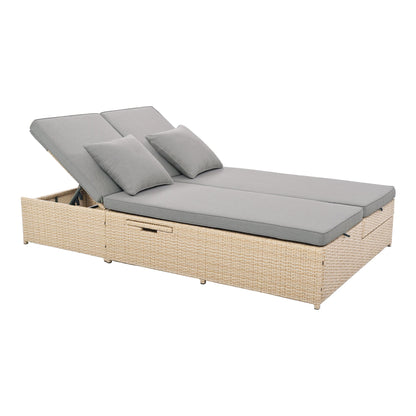 Outdoor Double Sunbed, Wicker Rattan Patio Reclining Chairs with Adjustable