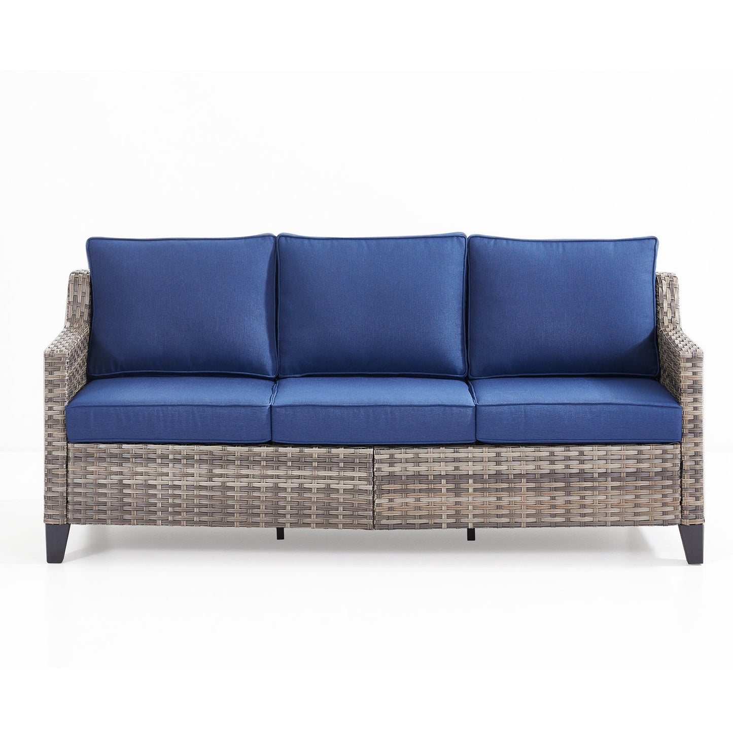 73.2 in Outdoor Patio Sofa, 3-Seat Gray Rattan Couch with Blue Cushions