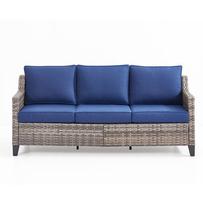 73.2 in Outdoor Patio Sofa, 3-Seat Gray Rattan Couch with Blue Cushions